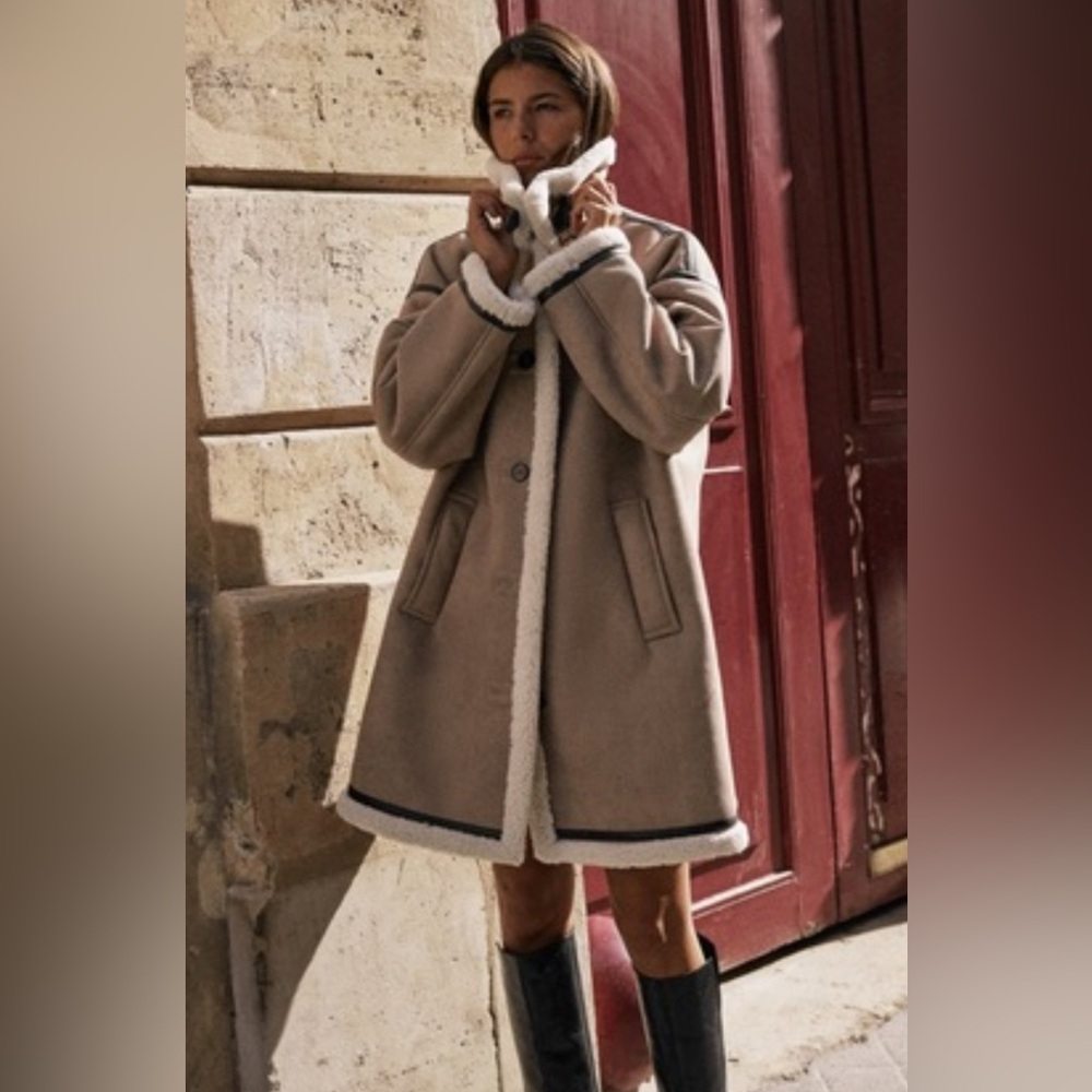 NWT! ZARA Double-Faced Jacket with Buttons and Mink Collar / Size XS
